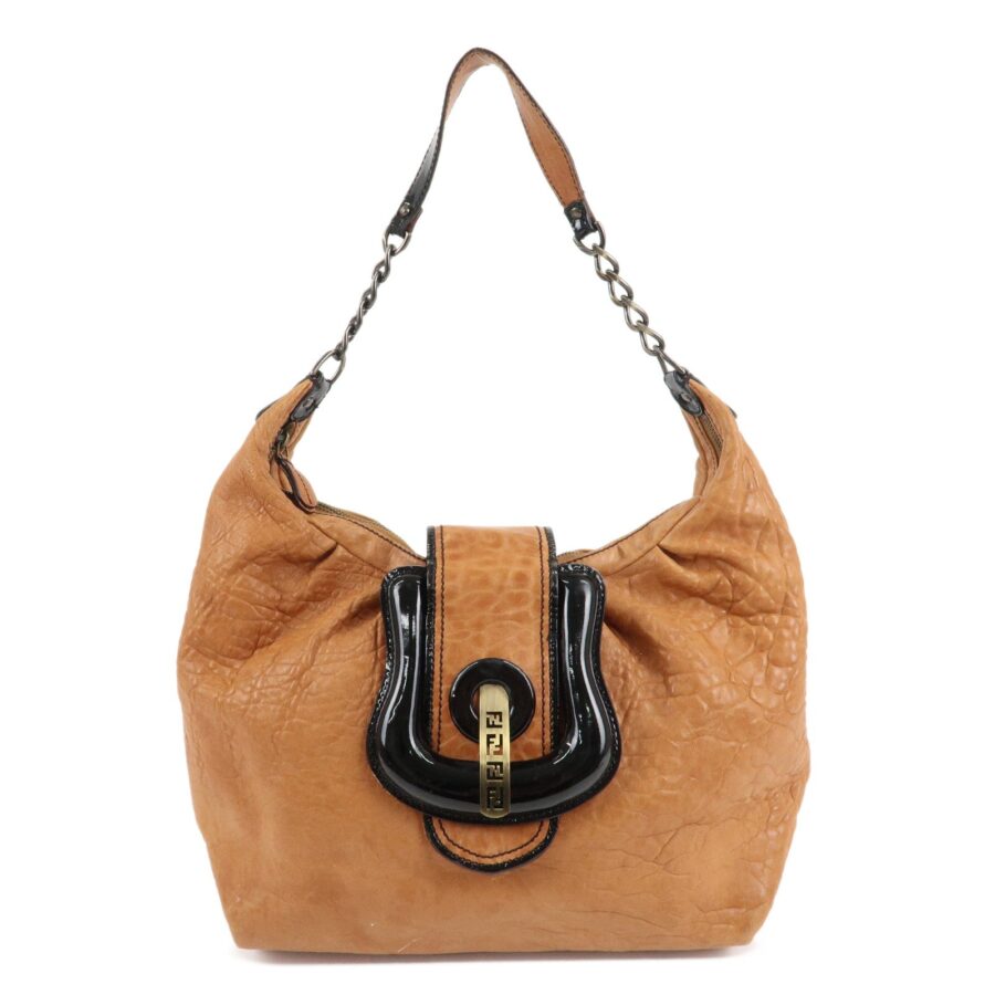 FENDI Leather Patent Leather Chain Shoulder Bag Brown | Studio Nafay