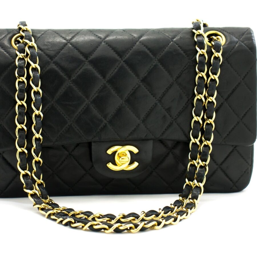 CHANEL 2.55 Double Flap Medium Chain Shoulder Bag Black Lambskin i51 | Studio Nafay