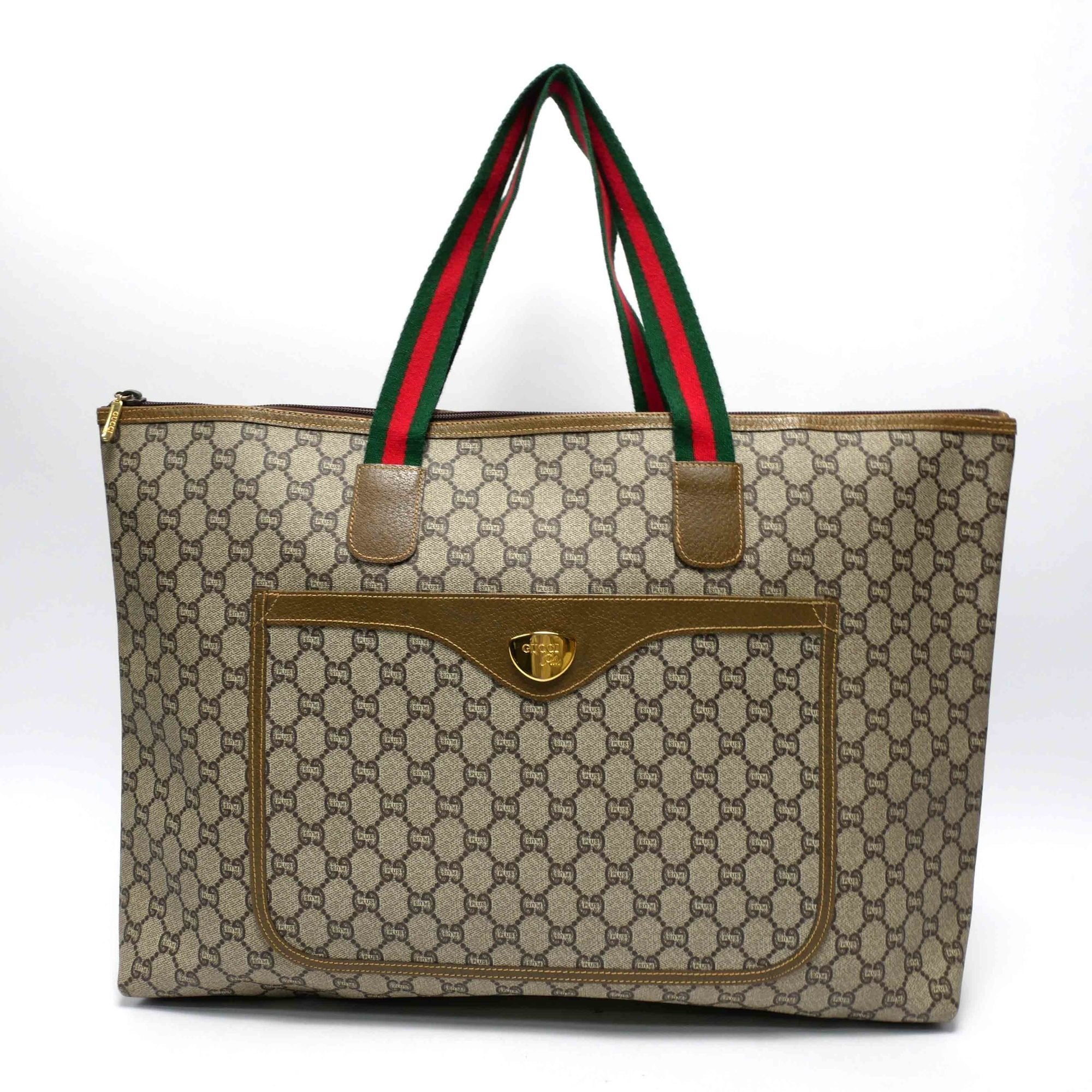 GUCCI Old GucciPLUS Plus Tote Bag Travel Boston Unisex 1970s 70’S GG Pattern Sherry Line/Pigskin Gold Hardware Brown/Beige