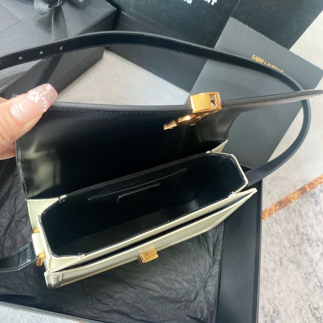 Solferino Medium Satchel 23 IN Black MIX White Calfskin GOLD LOGO