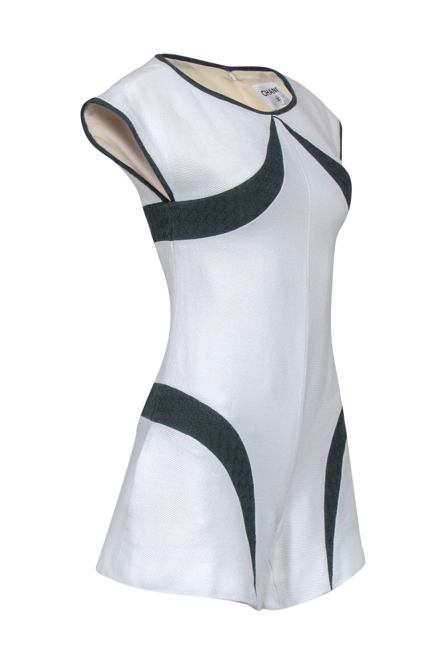 Chanel – Off White Tweed Romper W/ Hunter Green Inset Sz