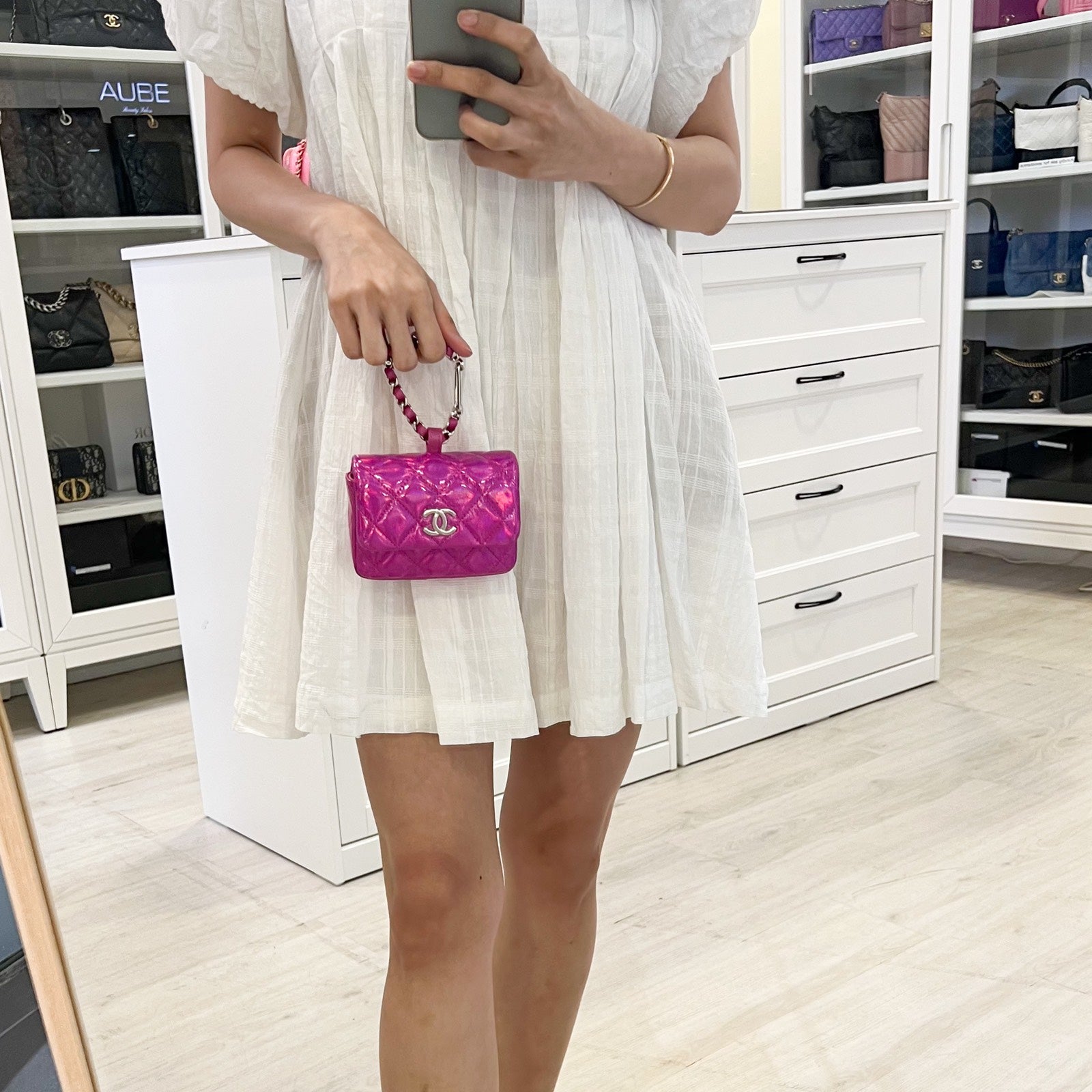 Chanel 24C Micro VIP Clutch In Fuchsia Pink Iridescent Mirror Goats
