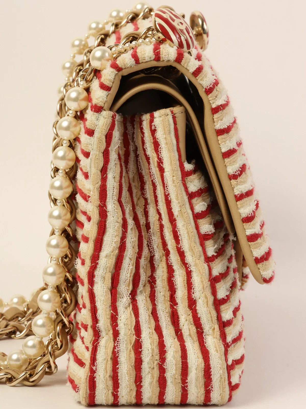 Chanel Around Made Cotton Striped Classic New Chain Bag Beige/red/w…