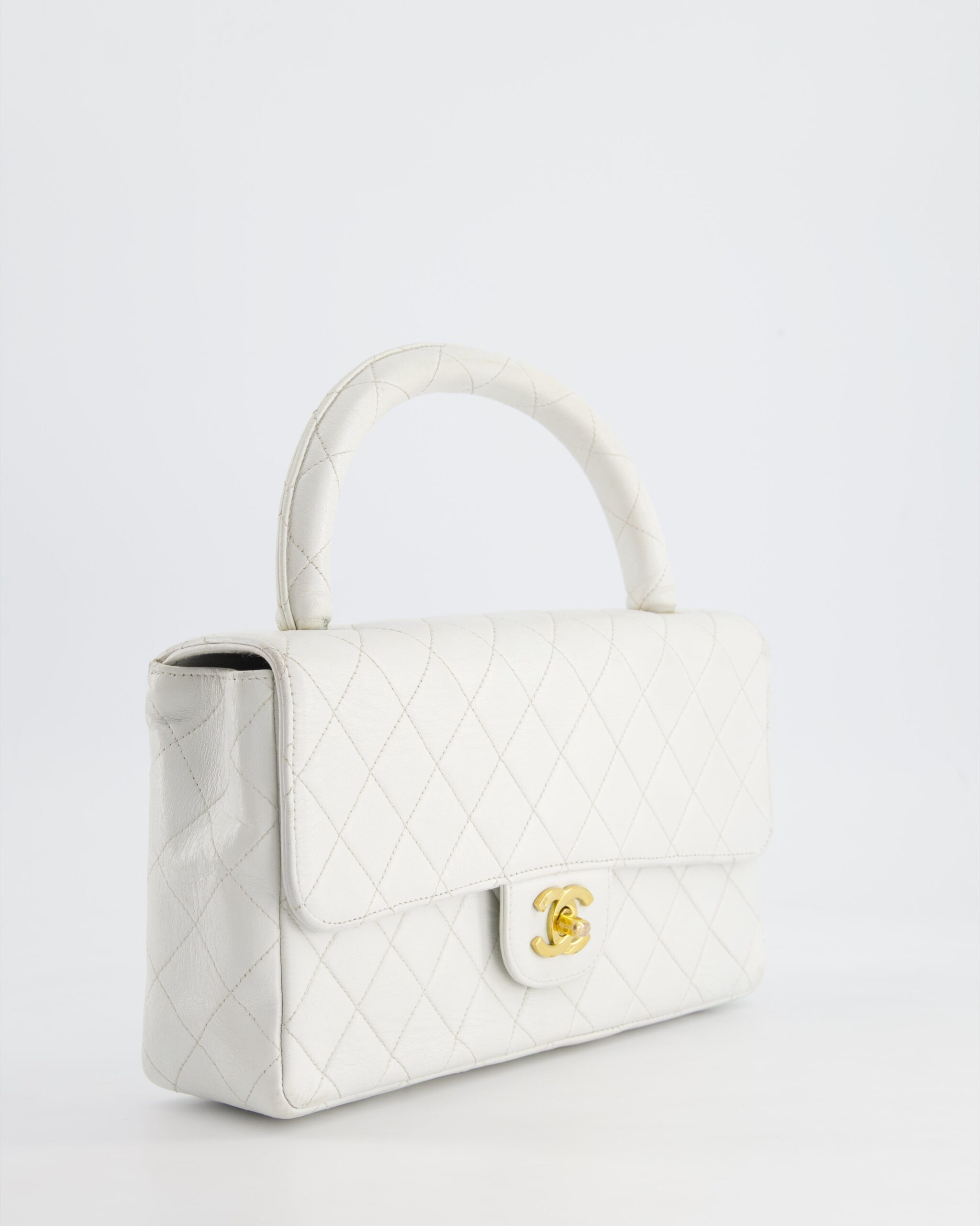 Chanel White Matelasse Leather Top Handle Bag With 24K Gold Hardware