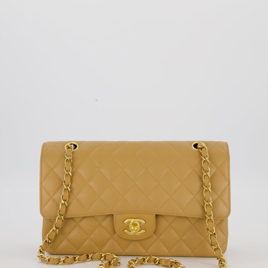 *VERY RARE* Chanel Chai Latte Medium Classic Double Flap Bag in Caviar Leather with 24K Gold Hardware | Studio Nafay