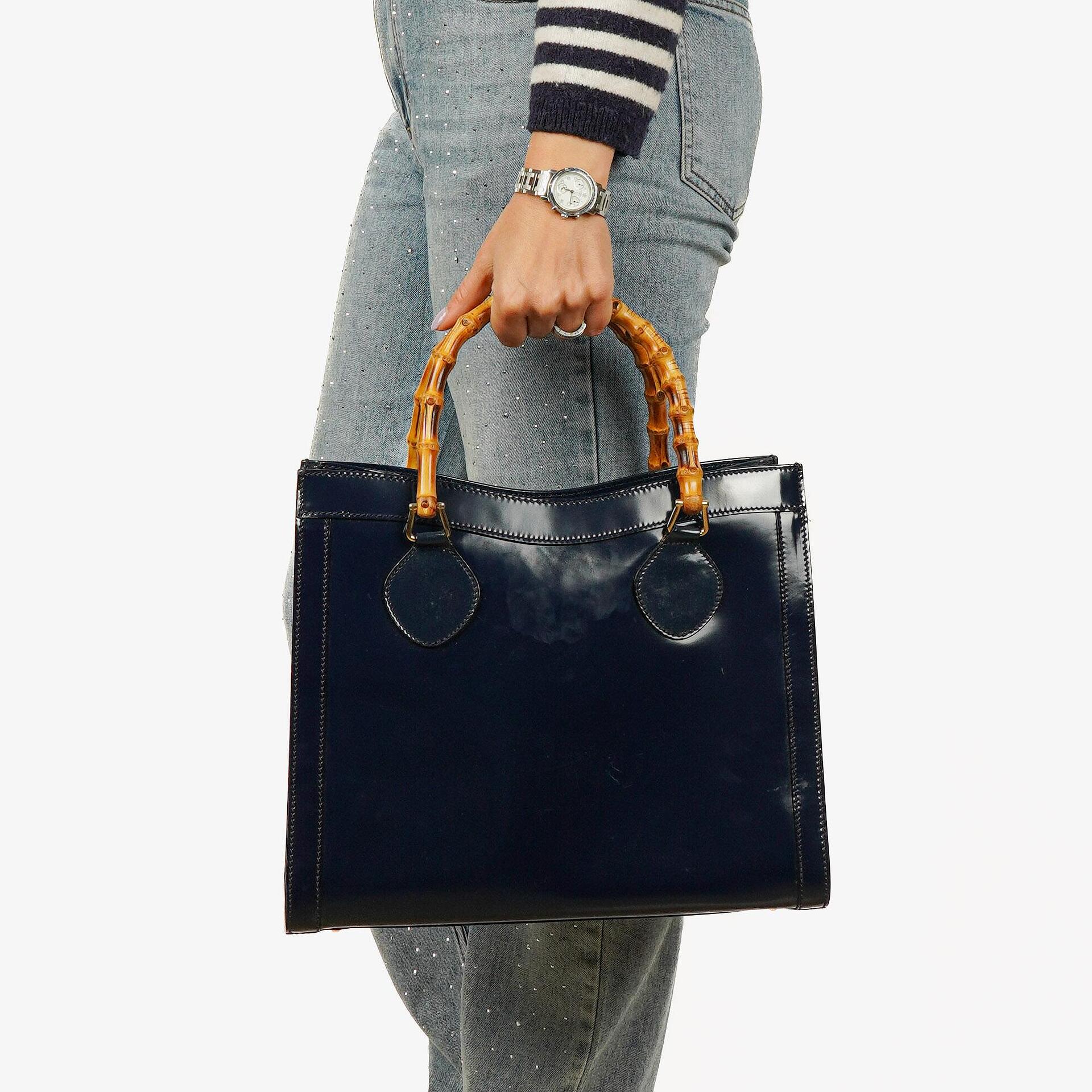 Gucci Patent Leather Navy Diana Bamboo Tote